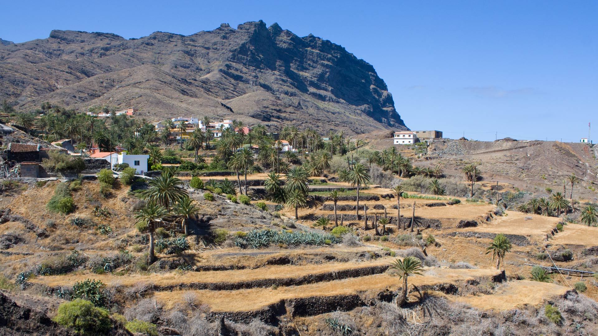 Bei Alojera im Nordwesten La Gomeras prägen terrassierte Felder und Palmenhaine das ländliche Landschaftsbild.