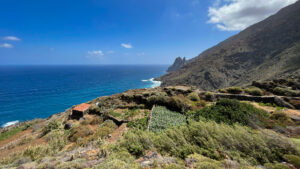 Beim abgelegenen Weiler Guillama auf La Gomera bieten sich Ausblicke auf kleine, terrassierte Anbauflächen inmitten steiler Hänge.