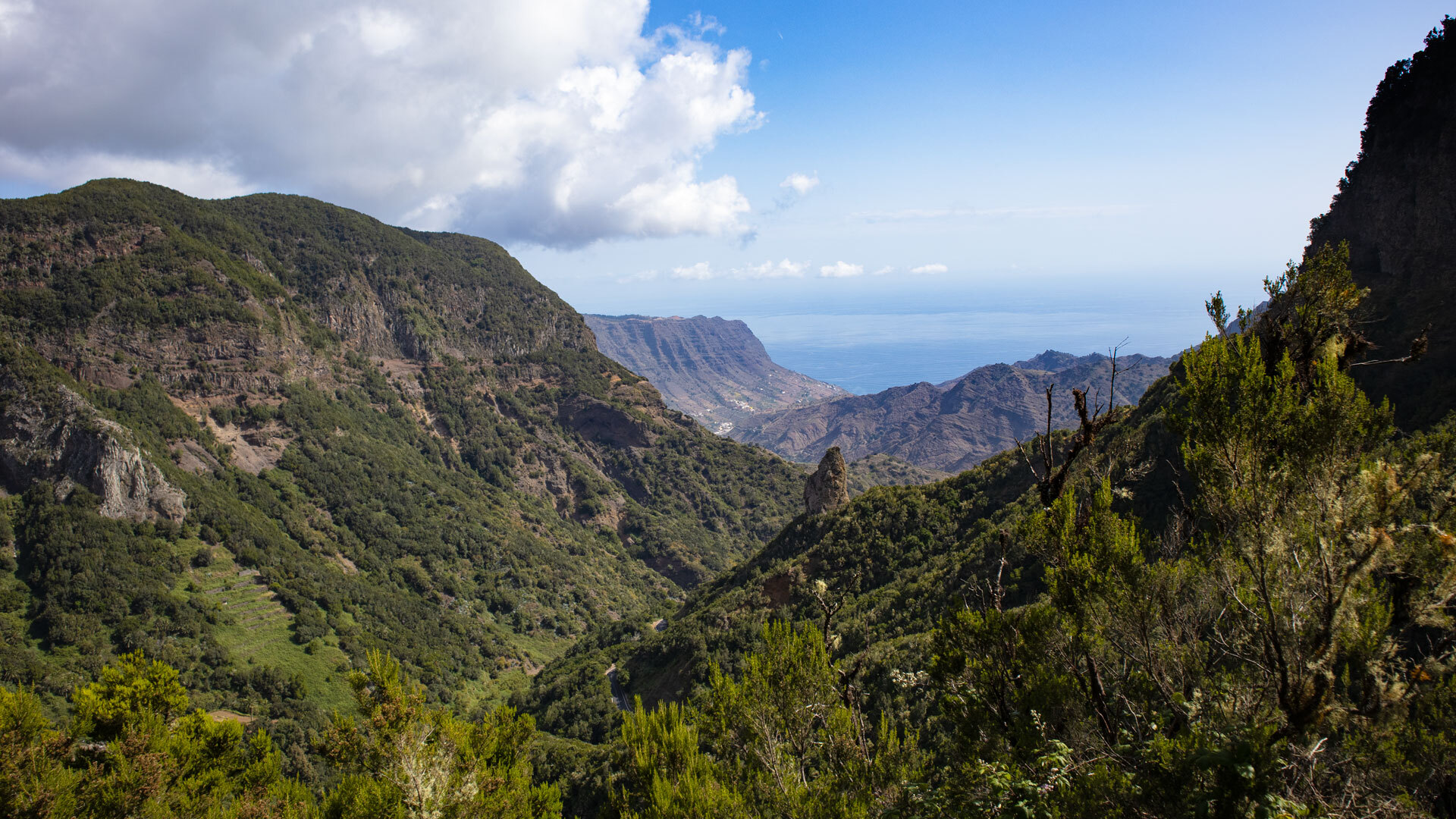 Aussichtspunkt Mirador de Hermigua mit Panoramablick über das Tal und die Küste, La Gomera.