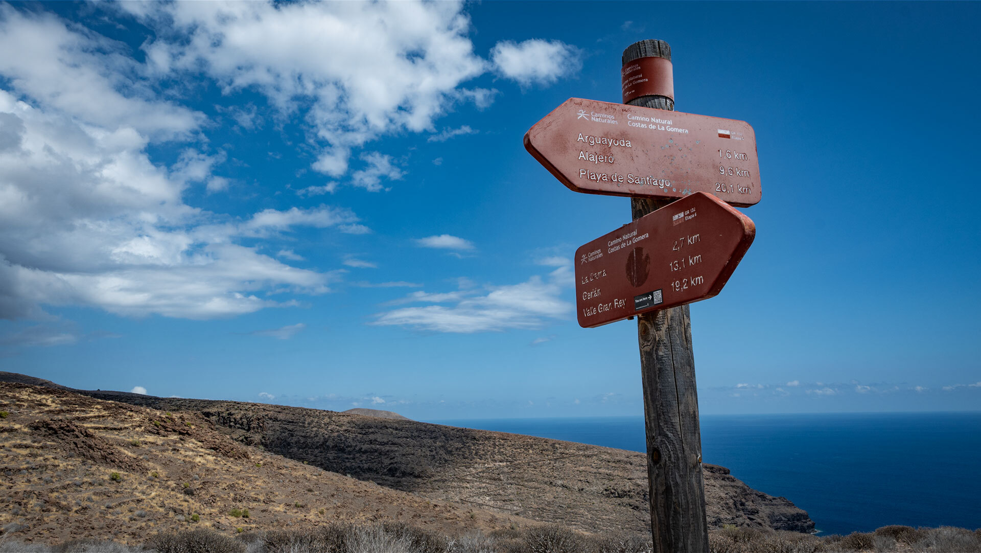 Ein Wegweiser des Fernwanderwegs GR-132 auf La Gomera